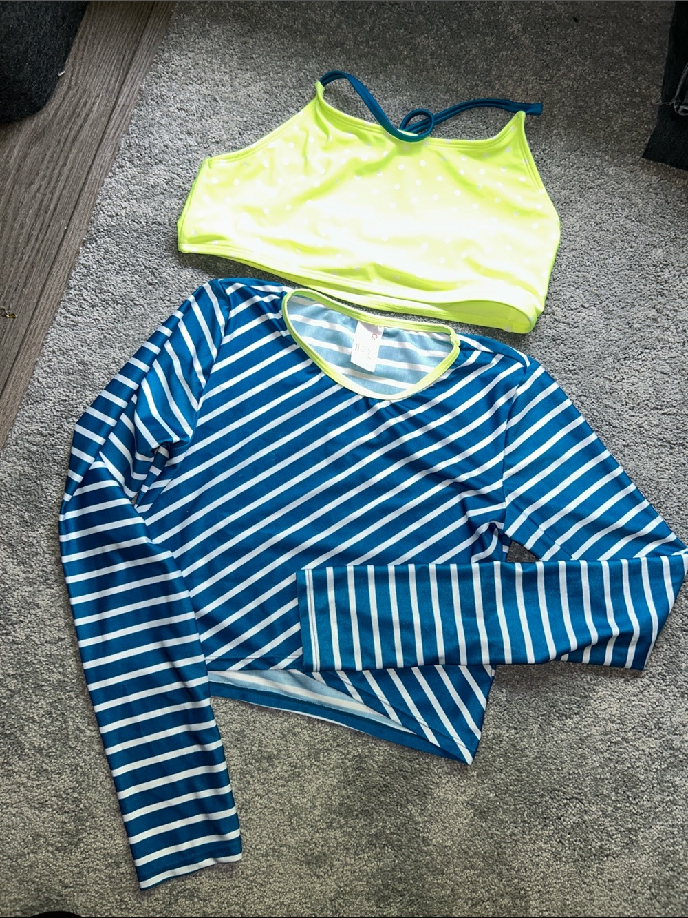 Girls' Blue Striped Rash Guard Top & Neon Yellow Swim Crop Set